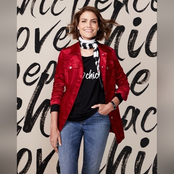 Chico’s Red Velveteen Jacket 2P Elongated Stretch Blazer - Picture 2 of 16